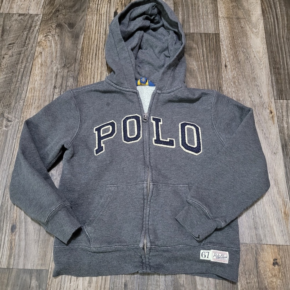 Boys Polo Ralph Lauren Pony Spellout Gray Full Zip Hoodie Size Small (8)